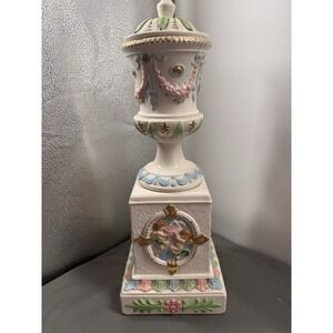 Vintage Otagiri Japan Lidded Pedestal Urn Cherub Trinket Jar Pastel Gold Decor